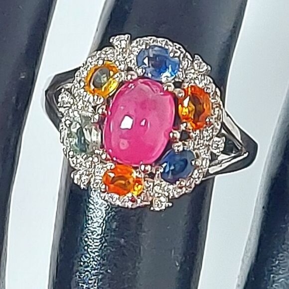 Natural‎ Ruby & Multi-color Sapphire 925 Sterling Silver Ring Sz 8 - Picture 2 of 7